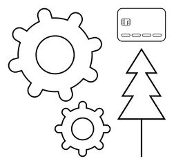 Gears representing mechanism, credit card symbolizing finance, and Christmas tree indicating holiday. Ideal for technology, finance, holiday marketing, innovation, banking, festive designs