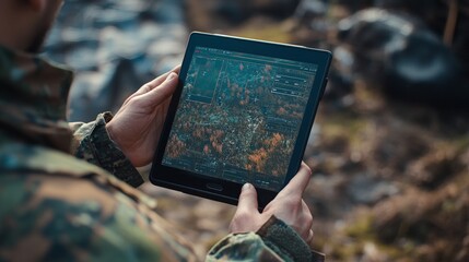 A soldier using a high-tech tablet with holographic graphics, representing innovation and tactical strategies. Ideal for military technology, futuristic warfare, and cybersecurity themes.