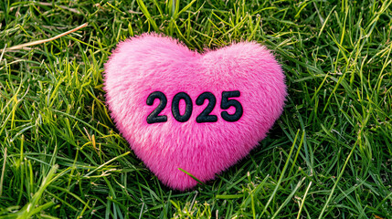 A Charming Pink Heart - Shaped Object Adorned with Fluffy Fur, Resting on a Lush Green Grass Background. In the very center of this delightful creation is the prominent text "2025", which adds a touch