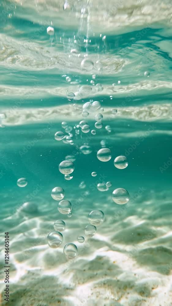 Poster underwater view of air bubbles rising towards the surface in crystal clear turquoise water over a wh