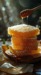 Honey being poured from a wooden spoon onto a wooden plate, food background