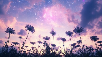 Obraz premium Enchanting Giant Daisies Under a Cosmic Sky at Dusk