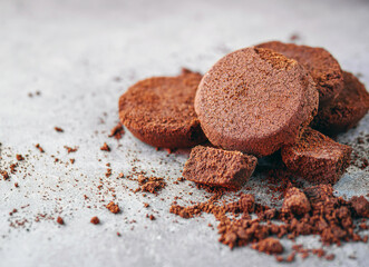 Close-up of coffee grounds from espresso machine. coffee ground on gray background