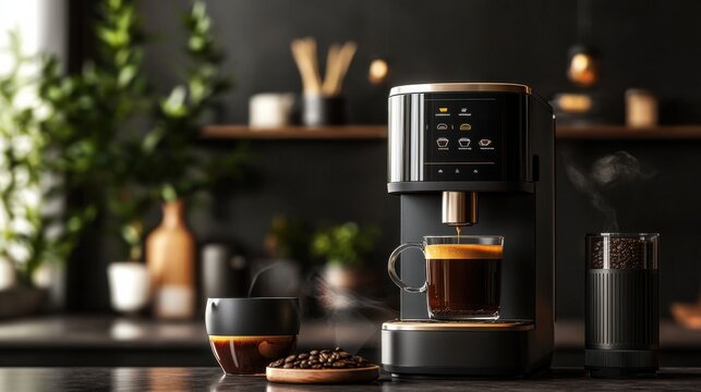Stylish Espresso Machine Brews Aromatic Coffee in Cozy Kitchen Setting