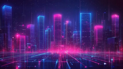 A vibrant, futuristic cityscape illuminated by neon lights in pink and blue, showcasing skyscrapers amidst a digital glow.