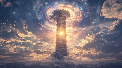 Obraz premium Majestic Lighthouse Structure Surrounded by Cosmic Clouds and Ethereal Light