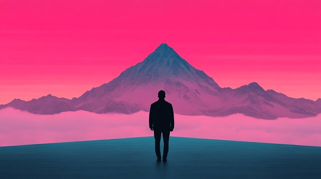 Solitude and Ambition: A lone figure stands silhouetted against a majestic, colorful mountain range, bathed in a vibrant pink and purple sky.