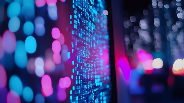 digital code stream with neon lights
