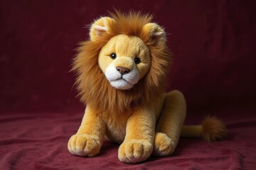 Plush Lion with Golden Brown Fur on Red Background