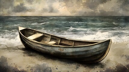 Obraz premium Lonely Rowboat on Stormy Beach Watercolor Seascape Painting