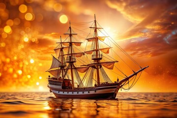 Obraz premium Sailing Ship at Sunset, Bokeh Background, Orange Sky, Ocean Vessel, Nautical Scene