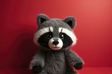 Obraz premium Plush Raccoon Toy with Gray Fur and Black Markings on Red Background
