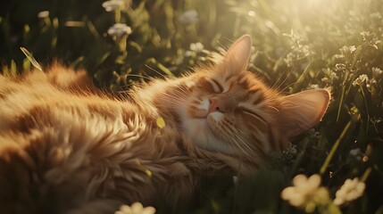 golden cat sleeping in summer meadow