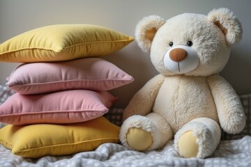 Cream colored teddy bear on bed with polka dot blanket and colorful pillows