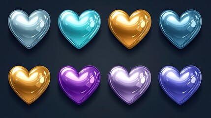 Obraz premium Metallic heart icons in a radiant color palette, each with a shiny finish, symbolizing love and unity in a modern design
