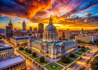 Fototapeta premium San Francisco City Hall Sunset Aerial: Dramatic Golden Hour Sky over Civic Center