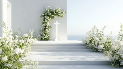 Fototapeta premium Minimalist wedding stage adorned with white floral arrangements, greenery, and a cross, radiating elegance and love