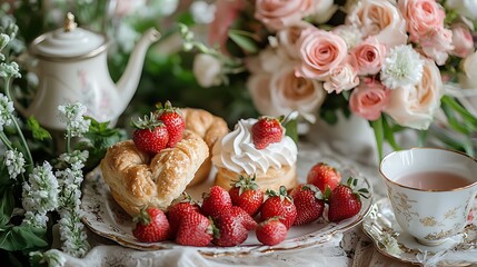A peaceful morning celebration with a breakfast tray, featuring fresh pastries, strawberries, and a beautiful floral arrangement to set the tone for a special day.