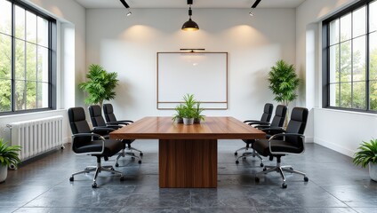 Fototapeta premium Elegant wood-paneled boardroom table surrounded by sleek black chairs, adorned with lush potted plants at its heart. A pristine white backdrop enhances the refined ambiance