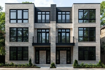 Fototapeta premium Modern brick townhouses with large windows in a residential neighborhood showcase contemporary architecture and design, inviting natural light into the living spaces