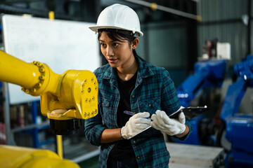 Female engineer wearing a safety helmet and gloves carefully examines a yellow robotic arm while taking notes on a clipboard in a high-tech industrial factory.