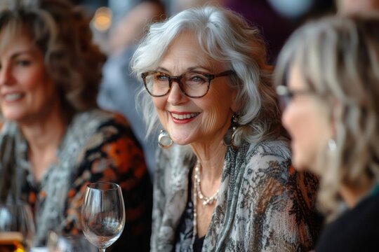 Elegant senior woman smiling during lunch with friends at restaurant