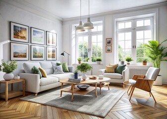 Fototapeta premium Scandinavian Living Room: Bright, airy space with white sofa, armchairs, wooden coffee table, and natural light streaming through a large window.