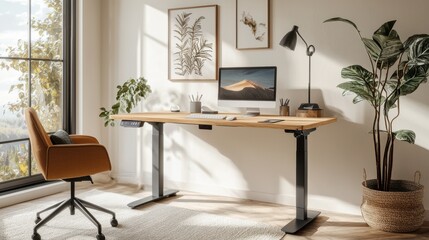 Fototapeta premium Cozy Minimalist Home Office with Natural Lighting and Greenery
