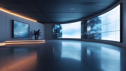 modern futuristic lobby with large curved screens and ambient li