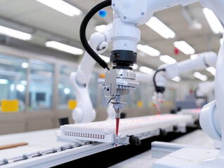 Automated robotic arm in laboratory setting, performing precise tasks