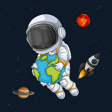 Hand drawn astronaut in spacesuit holding the earth, floating in universe over rocket and planets