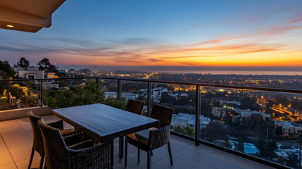 Fototapeta premium A Cozy Balcony Setting with Elegant Table and Chairs Overlooking Dusk Cityscape