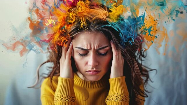 A woman with long, wavy hair is depicted in a moment of distress.