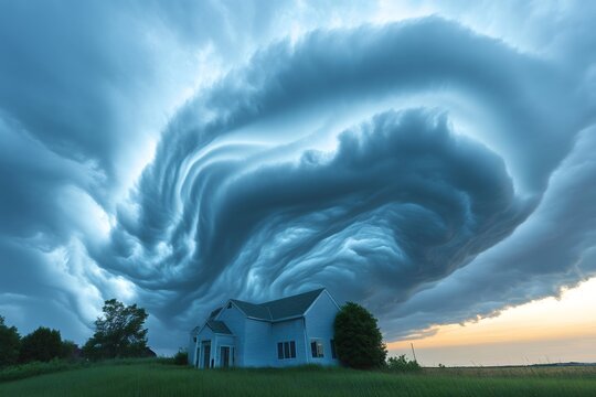 Supercell storm clouds forming over rural house at sunset
