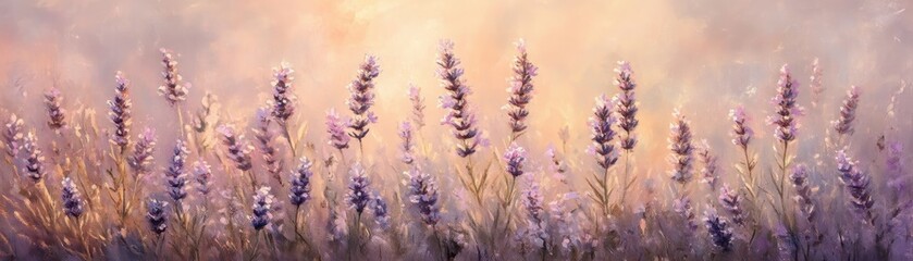 Serene Lavender Field at Sunset with Soft Pastel Sky and Gentle Light Creating a Tranquil and Dreamy Atmosphere in Nature