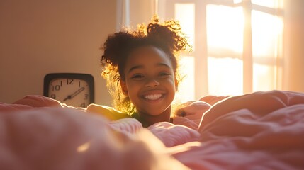 happy girl waking up in sunny bedroom