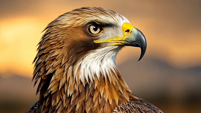 The golden eagle (Aquila chrysaetos) is renowned for its striking head detail, featuring a prominent hooked beak, piercing eyes, and intricate feather patterns that shimmer in the sunlight.
