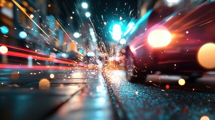 Blurred motion of a car driving fast down a city street during the day