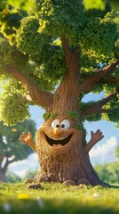 Obraz premium Happy Cartoon Tree Character In Sunny Meadow