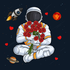 Hand drawn astronaut in space suit sitting in yoga pose in outer space holding a bouquet of flowers © asgraphics13