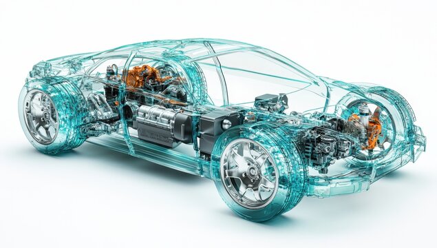 transparent car model with engine, rendering of a translucent plastic object, 3D rendering of an electric vehicle's internal structure