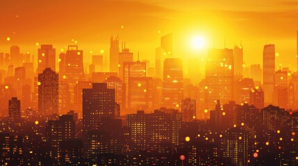 Vibrant sunset over a bustling city skyline, with glowing lights and silhouettes of skyscrapers
