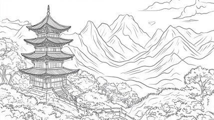 Japanese pagoda in mountains landscape. Asian style background. Coloring page for adults, black and white architecture. Chinese korean illustration