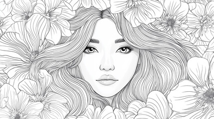 Beautiful girl coloring page. Young female face with long hair in blooming flowers. Black and white background. Spring summer character, seasonal illustration