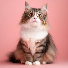 Obraz premium A beautiful tabby cat with white fur and expressive golden eyes sitting against a soft pink background, embodying elegance and charm