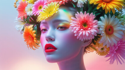 Surreal Portrait of a Woman with Vibrant Daisies and Dreamy Colors

