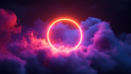 Abstract clouds illuminated with a neon light ring on a dark background, a glowing round frame, a dreamy composition, colorful clouds	
