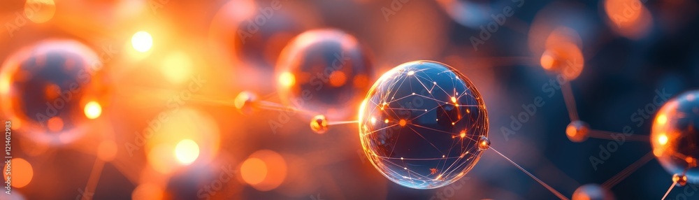 Wall mural abstract representation of molecular structure with glowing spheres and network connections in a fut