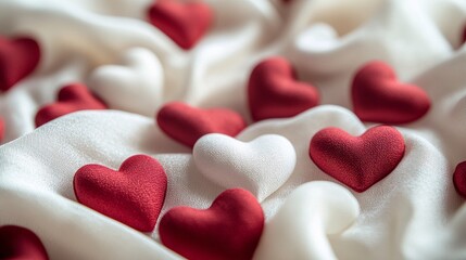 Fototapeta premium Romantic love concept: red and white hearts scattered on white fabric, soft and elegant design for Valentine’s Day and heartfelt designs.