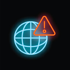 Glowing neon icon of planet earth showing warning sign on black background